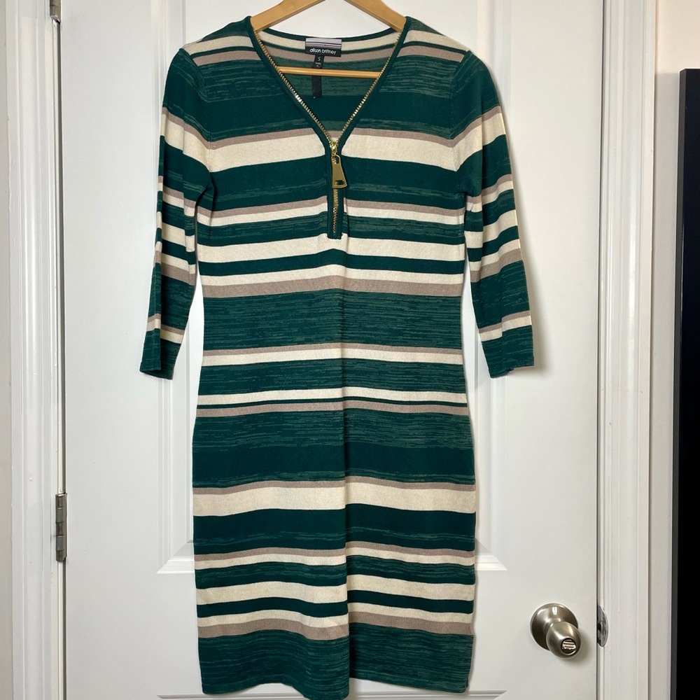 Allison Brittney Green Striped Dress S 3/4 Sleeve Zip Knee Length